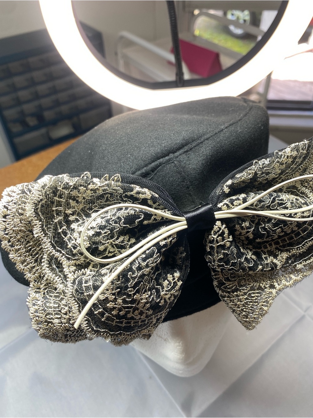 Black Wool Beret with Gold Lace Bow Accent